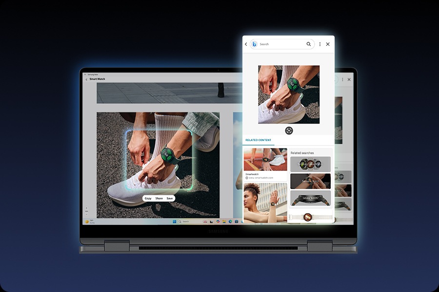 A smart watch shown onscreen on Galaxy Book5 360 is traced using AI Select and search results with relevant content appear on the screen.