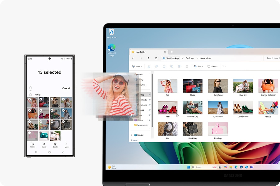 Galaxy S24 Ultra and Galaxy Book5 360 are placed next to each other. Images selected on the screen of Galaxy S24 Ultra are copied to a folder on Galaxy Book5 Pro using Multi Control to operate both devices.