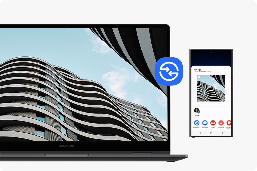 An image of a building, selected on the screen of Galaxy S24 Ultra, is shared via Quick Share to Galaxy Book5 360 and open in full screen. Quick Share icon shown.
