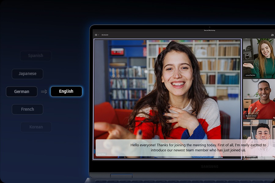 Galaxy Book5 360 is open, facing forward with a Microsoft Teams group video call with 4 participants open onscreen. Live Captions with real-time AI translation from German into English is activated and English captions are shown onscreen.
