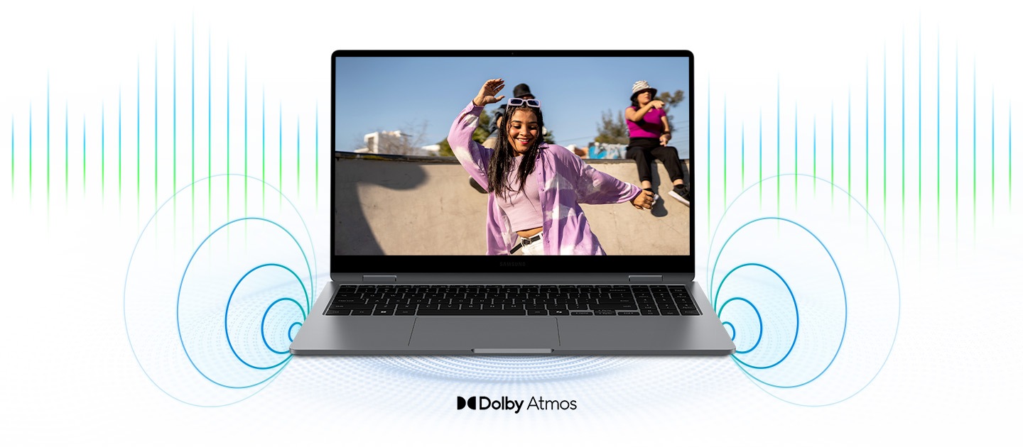 Galaxy Book5 360 is open, facing forward with a person shown dancing in full screen and sound waves coming out of the laptop speakers. Dolby Atmos logo is shown.