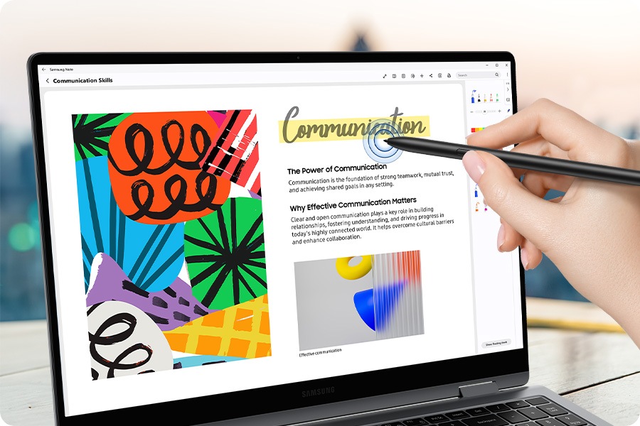 Samsung Notes app is open onscreen on Galaxy Book5 360 and a person is tapping on the touchscreen using S pen to edit the content.