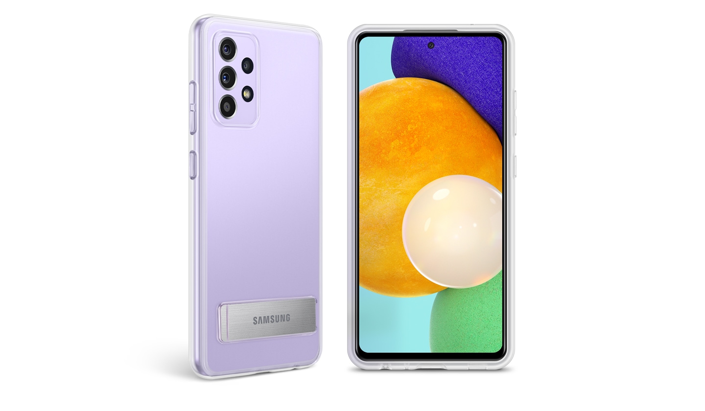 Rear tilted violet Galaxy A52 with Clear Standing Cover stands up on the left side, and front view of the other one stands up on the right, showing on-screen of the device