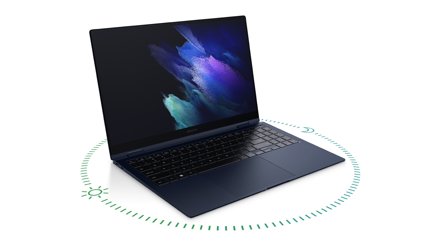 Galaxy Book Pro 360 placed in the middle, with green circular dots on the bottom, indicating battery lasts long hours.