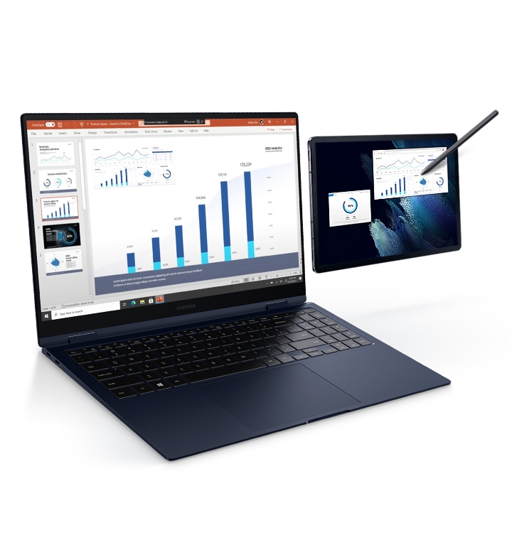 Graphs are shown on the screens of the Galaxy Book Pro 360 & Galaxy Tab S7 | S7+ both, with S Pen making notes on the Galaxy Tab S7 | S7+, demonstrating that if you work on the graph on the tab, it is reflected in the PowerPoint file on the laptop.