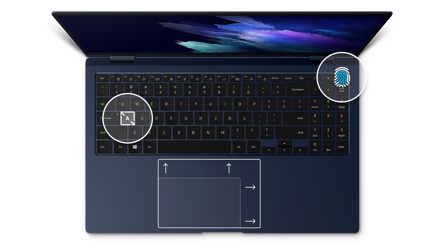 The Galaxy Book Pro 360's keyboard with a fingerprint icon showing the biometric sensor in detail. Surrounding the touchpad are arrows going outwards to signify the boosted size of touchpad.