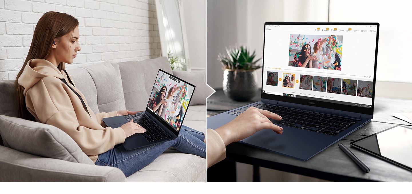 Two photos are shown side by side. In the first picture, a woman is looking through a video in which party was filmed, sitting on her couch in her living room, using Screen Recorder. The second picture shows a simple editing process using Studio Plus.