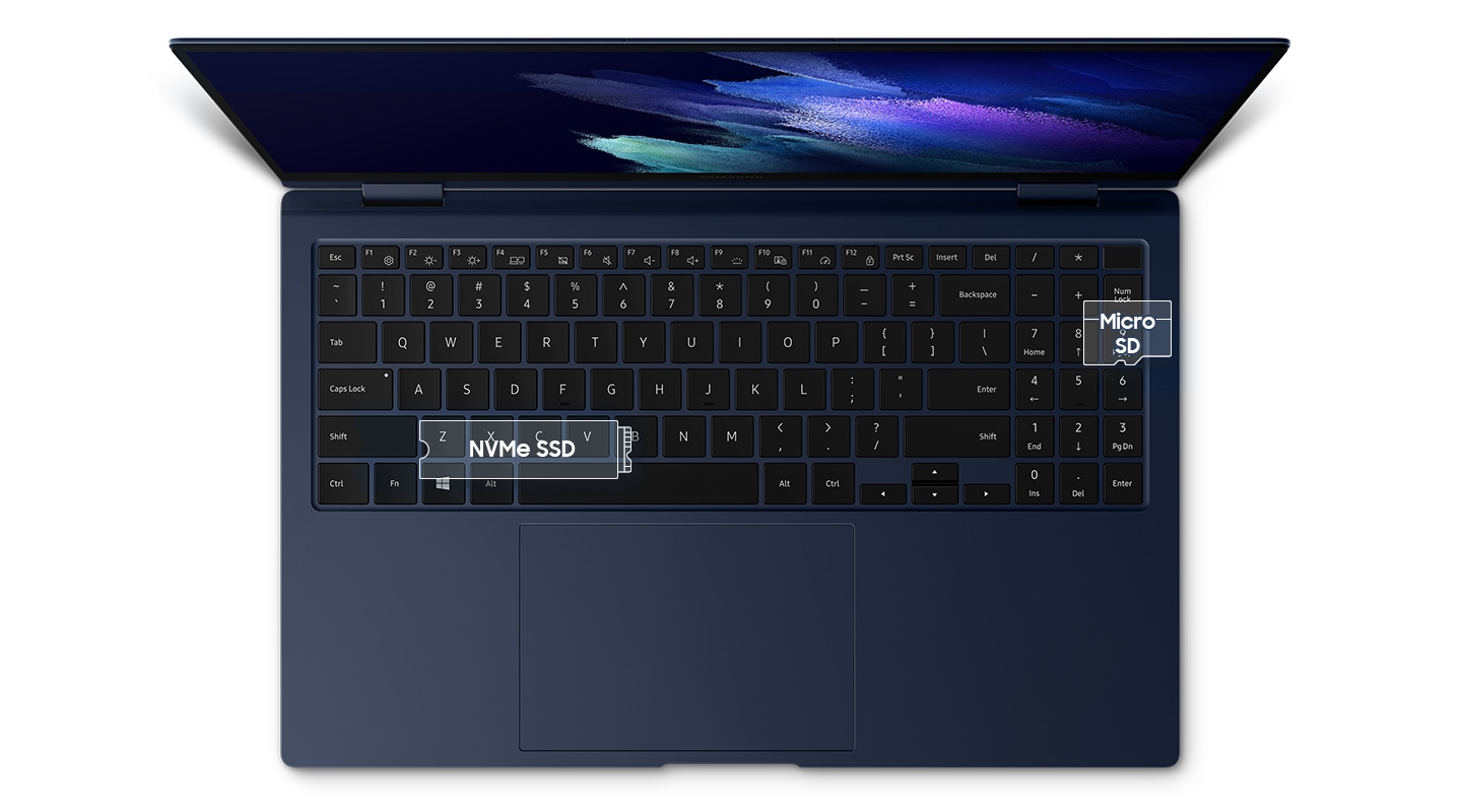 White transparent shape of microSD and NVMe SSD are overlapped on the keyboard to show their place inside of the Galaxy Book Pro 360.