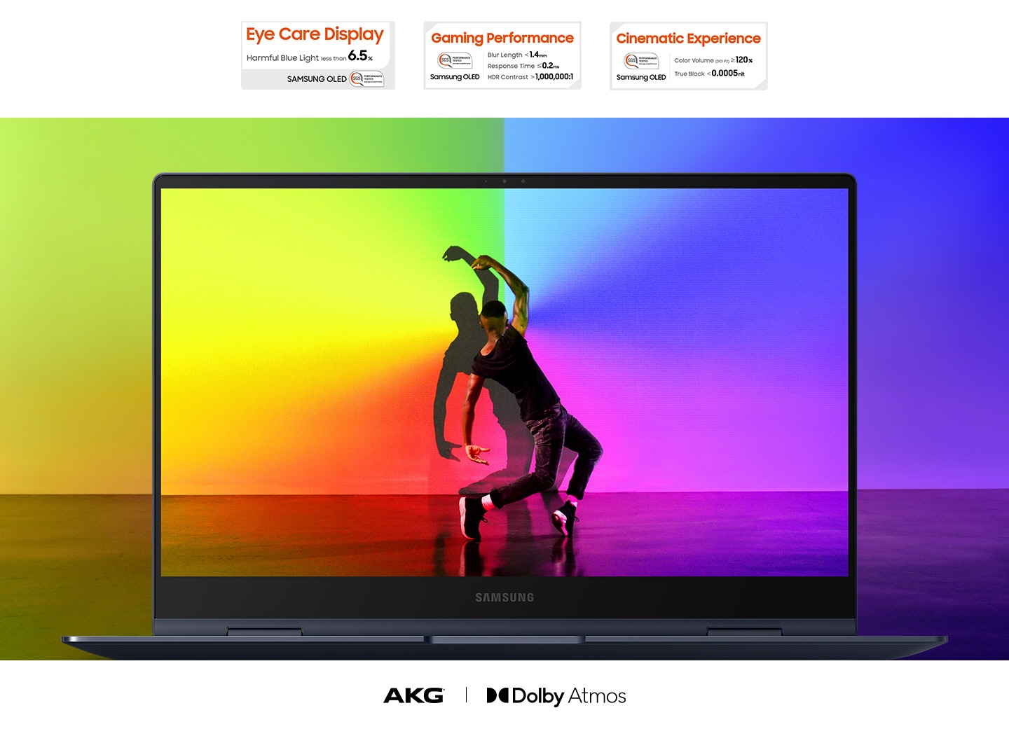 A man showing dance moves in the center of display. Vivid rainbow colors fully occupied both on the inside and outside of display. There are 3 certification badges, each one indicating Eye Care Display, Gaming performance and Cinematic Experience. At the bottom, 'AKG' and 'Dolby Atmos' written, representing the sound system for Galaxy Book Pro 360.