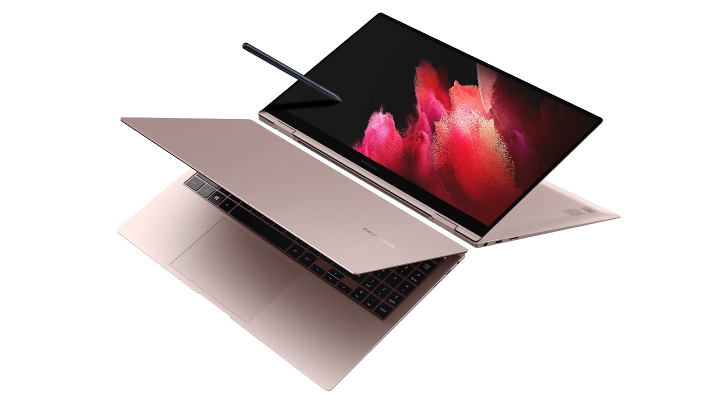 Two Galaxy Book Pro 360s are displayed side by side. One of them is unfolded 290° with an S Pen featured on its screen, showing the 2-in-1 convertible design complete with a 360° hinge.