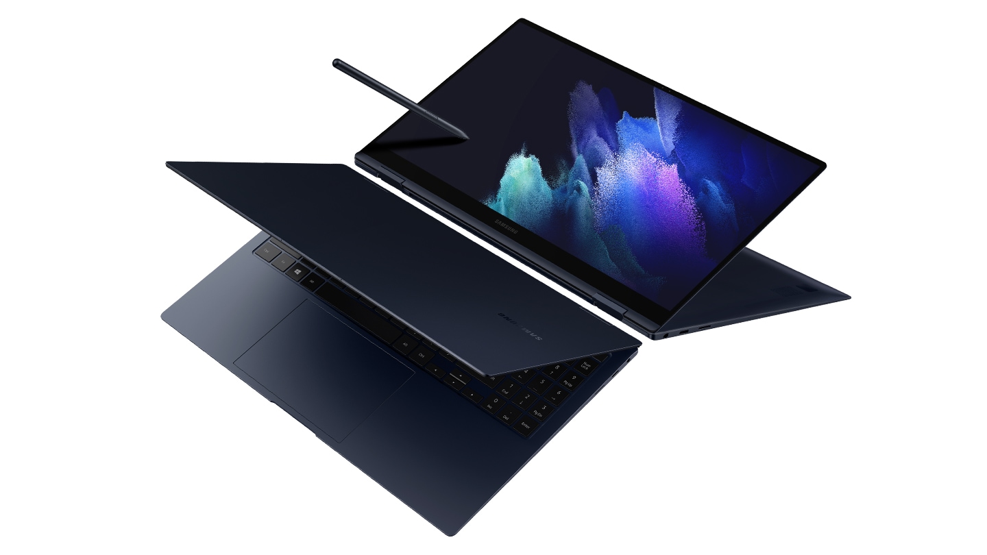 Two Galaxy Book Pro 360s are displayed side by side. One of them is unfolded 290° with an S Pen featured on its screen, showing the 2-in-1 convertible design complete with a 360° hinge.