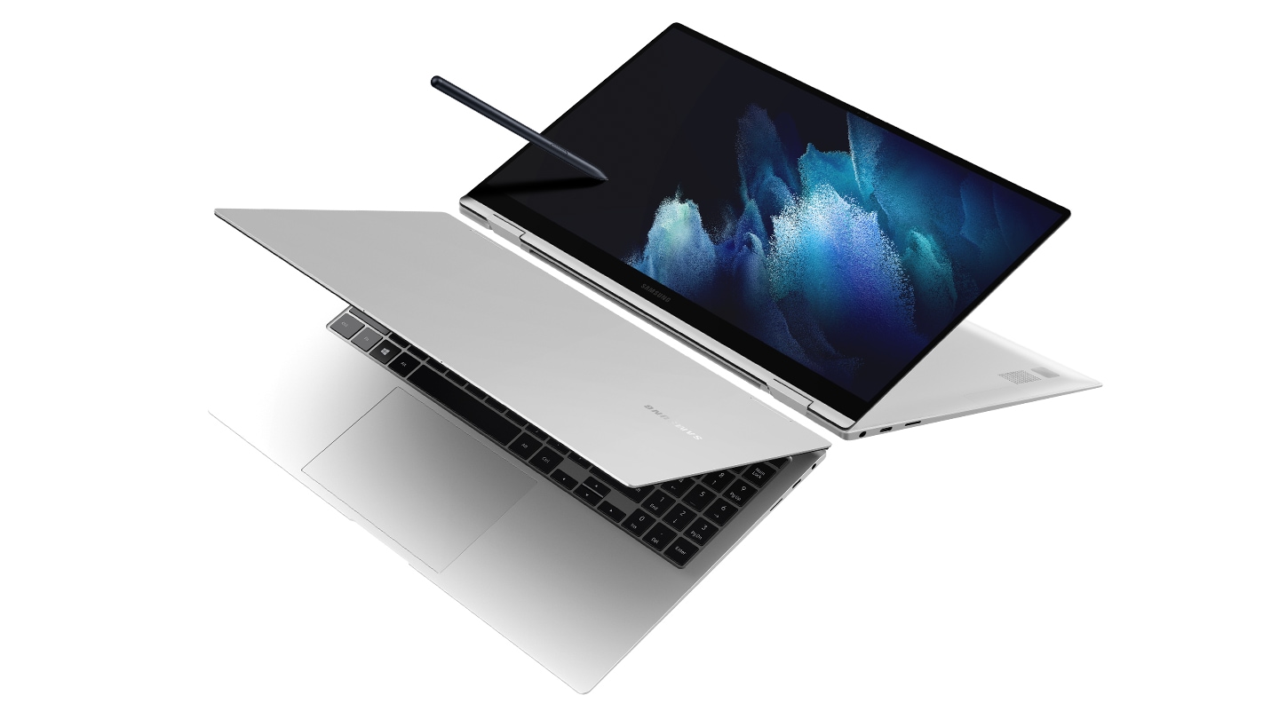 Two Galaxy Book Pro 360s are displayed side by side. One of them is unfolded 290° with an S Pen featured on its screen, showing the 2-in-1 convertible design complete with a 360° hinge.