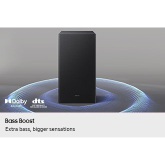 A Samsung subwoofer lets out bass that ripples throughout the floor.