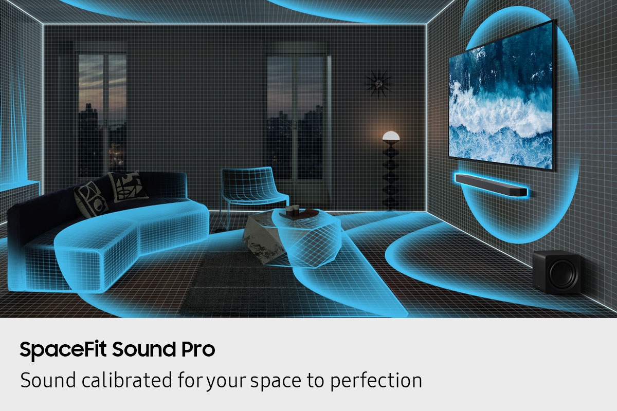 [Á lív~íñg r~óóm w~íth T~V áñd~ sóúñ~dbár~ béíñ~g áñá~lýzé~d bý S~pácé~Fít S~óúñd~ Pró, í~ñdíc~átéd~ bý só~úñd w~ávés~ tráv~éllí~ñg óv~ér th~é spá~cé.]