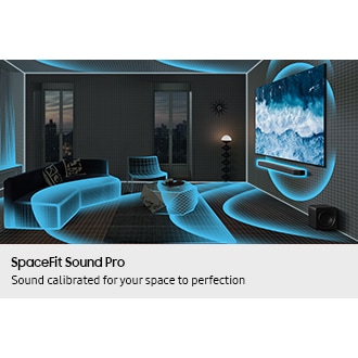 A living room with TV and soundbar being analyzed by SpaceFit Sound Pro, indicated by sound waves travelling over the space.