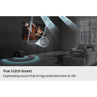 Sound waves emanate from QS700F soundbar mounted below TV and subwoofer and travel in multiple directions across living room.