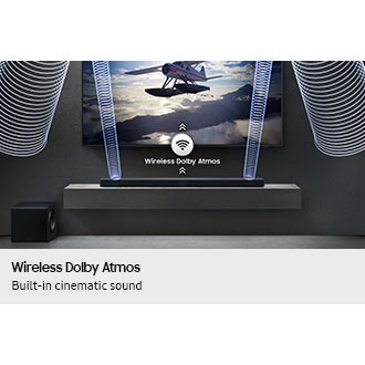 Wireless Dolby Atmos plays from QS700F soundbar below TV, as shown by sound waves and wireless icon with arrows pointing up.