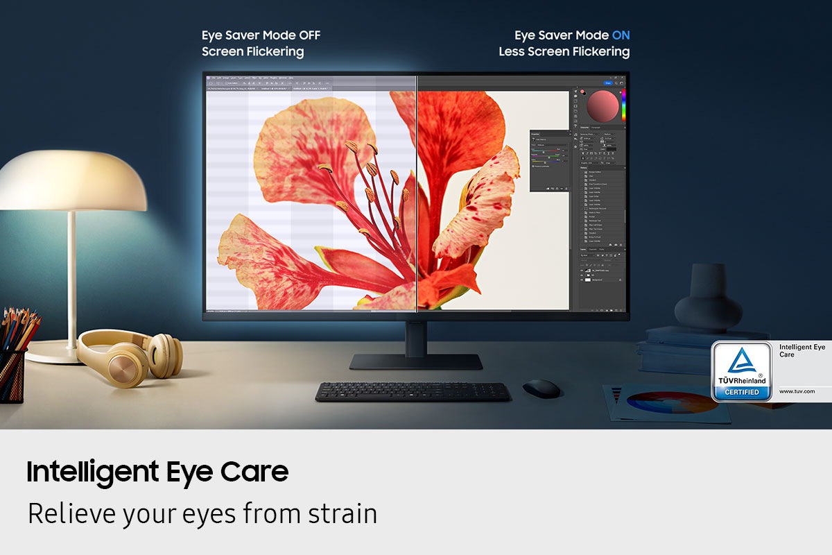 Intelligent Eye Care. Relieve your eyes from strain. A monitor screen is divided, and the Eye Saver Mode is off on the left screen with some flickering screen. And on the right side screen, the mode is on and it has less screen flickering. At the bottom of the monitor, there is the TUV certification logo TUVRheinland® CERTIFIED Intelligent Eye Care www.tuv.com.
