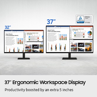 37” Ergonomic Workspace Display. Productivity boosted by an extra 5 inches. A 32" screen and a 37" screen both show three different pieces of content related to the car industry. TUVRheinland® CERTIFIED Ergonomic Workspace Display www.tuv.com ID 1111295690 logo.