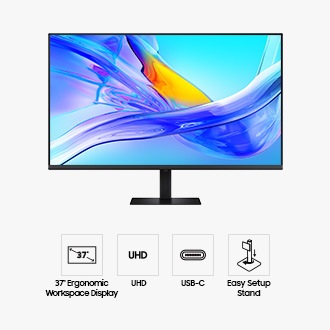 Front of 37 inch Samsung ViewFinity S8 S80D the screen showing abstract colorful patterns, and four icons for features about 37” Ergonomic Workspace Display, UHD Resolution, Easy Setup Stand, and Ergonomic Design.