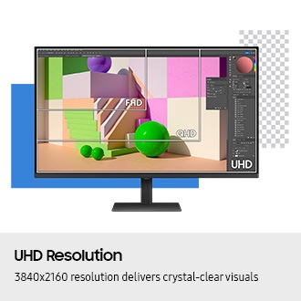 UHD Resolution. 3840x2160 resolution delivers crystal-clear visuals. Monitor screen showing photo editing software with FHD, QHD, and UHD showing how much of the image is visible at each resolution.