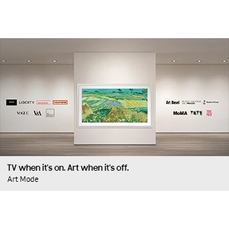 The Frame TV is mounted on a gallery-style wall, displaying an artwork. In the spaces logos of world-famous art institutions and brands appear, including Magnum Photos, Liberty, Belvedere, TOILETPAPER, Vogue, V&A, the Art Institute of Chicago, Art Basel, Museo Nacional del Prado, Musée d’Orsay, MoMA, Tate, The Met.