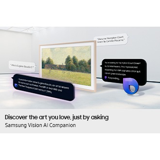 The Frame TV displays artwork as Samsung Vision AI Companion responds to voice commands, answering questions and showing 'Hampton Court Green' on screen.