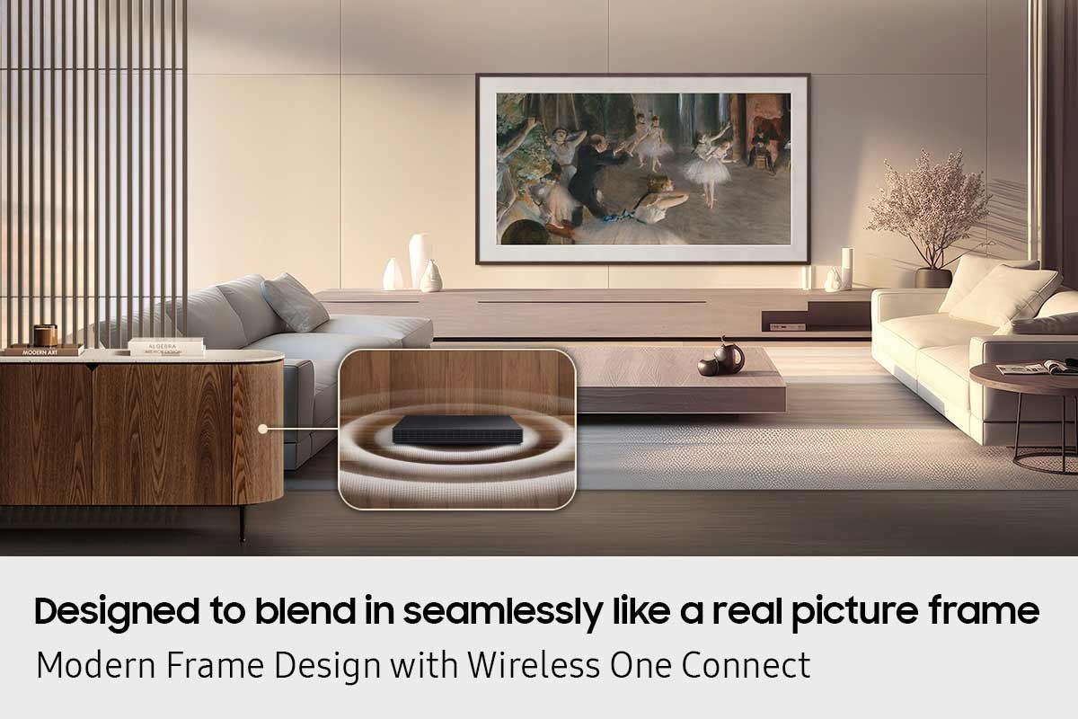 The Frame in wide living room. In a closed media cabinet, waves show wireless TV signal is sent from Wireless One Connect.