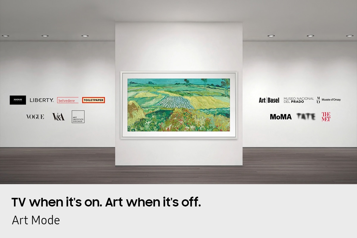 The Frame TV is mounted on a gallery-style wall, displaying an artwork. In the spaces logos of world-famous art institutions and brands appear, including Magnum Photos, Liberty, Belvedere, TOILETPAPER, Vogue, V&A, the Art Institute of Chicago, Art Basel, Museo Nacional del Prado, Musée d’Orsay, MoMA, Tate, The Met.