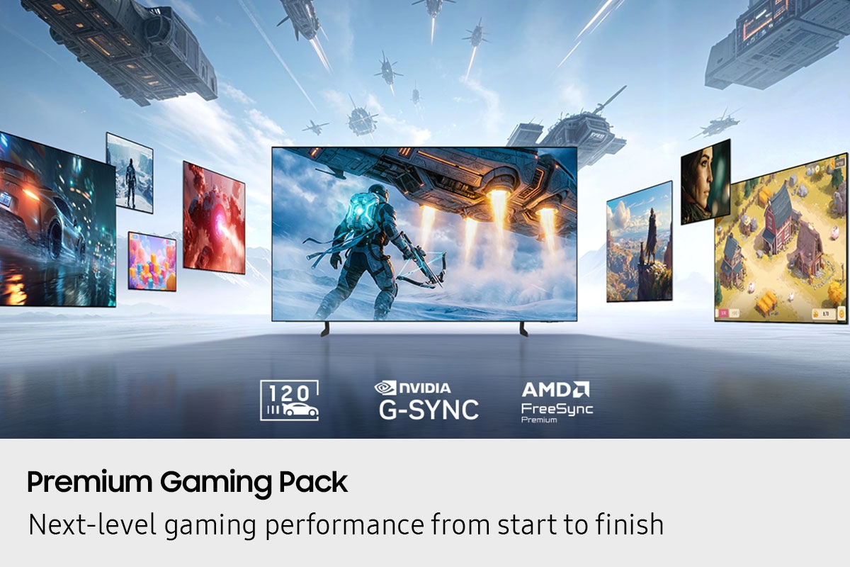 Samsung TV displays action game scene at the center, surrounded by floating screens showing sports, racing and cinematic gaming contents. Motion Xcelerator 120Hz, NVIDIA G-SYNC and AMD FreeSync Premium logos.