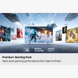 Samsung TV displays action game scene at the center, surrounded by floating screens showing sports, racing and cinematic gaming contents. Motion Xcelerator 120Hz, NVIDIA G-SYNC and AMD FreeSync Premium logos.