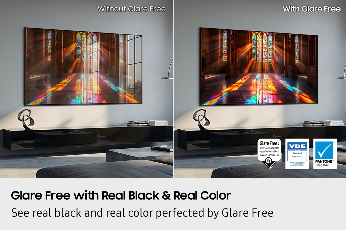 Side-by-side Samsung OLED TVs show a church mosaic window, comparing strong reflections without Glare Free and clearer, reduced reflections with Glare Free. Glare Free, VDE Tested, and Pantone Validated certification logos. Glare Free: Reflection Glare UGR<10, Discomfort Glare UGR<22, Disability Glare UGR<34 UL verified V166045 UGR<10 logo. VDE 01/2026 Tested Real Black logo. www.VDEinfo.com, ID. 40060582, Tested by VDE Germany. Pantone™ Validated logo.