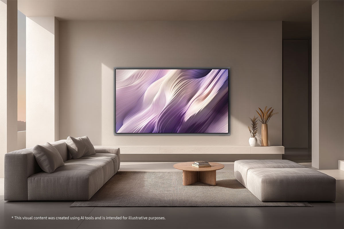 Samsung OLED TV mounted on a wall in a minimalist living room, displaying soft abstract visuals that blend seamlessly with the space.