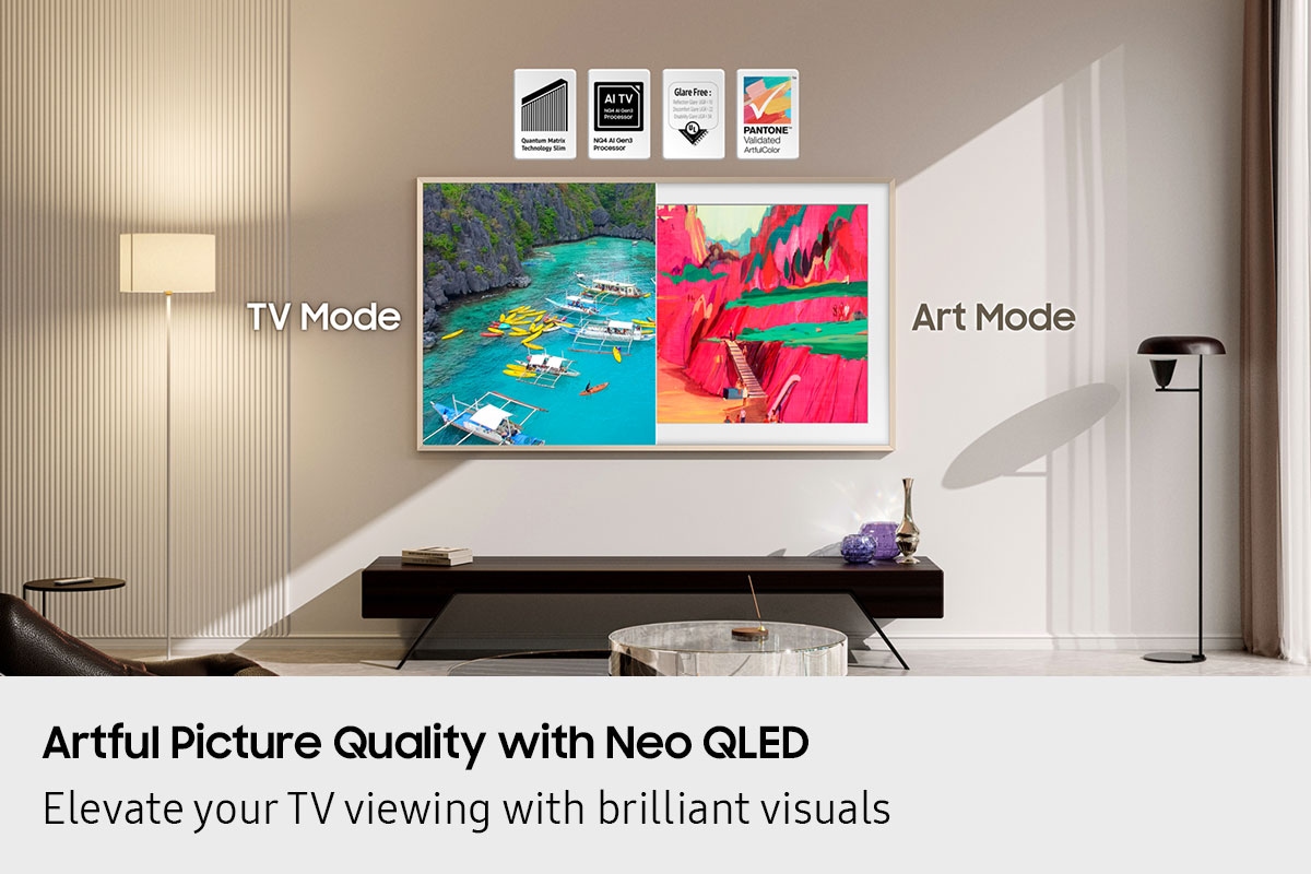 Artful Picture Quality with QLED. Stunning visuals for art and entertainment alike. TV with TV Mode and Art Mode. Quantum Matrix Technology Slim, AI TV NQ4 AI Gen3 Processor, Glare Free: Reflection UGR<10 Discomfort <22 Disability <34 UL, PANTONE Validated ArtfulColor logos.