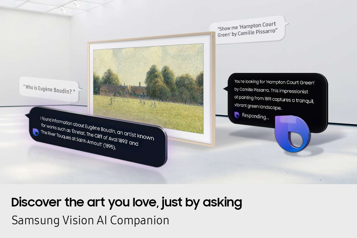 The Frame TV displays artwork as Samsung Vision AI Companion responds to voice commands, answering questions and showing 'Hampton Court Green' on screen.