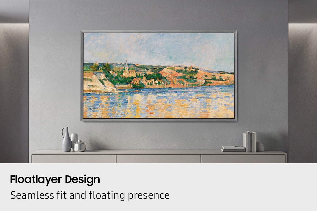 Samsung OLED TV mounted flush on a wall, showcasing the Floatlayer Design with a seamless fit and a floating, gallery-like presence.