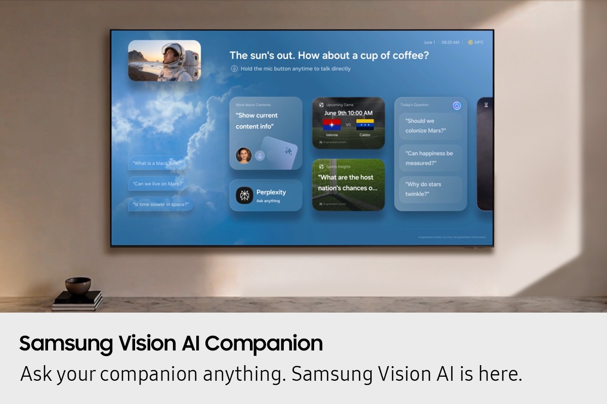 Samsung Vision AI Companion interface displayed on a Samsung TV in a modern living room. Interface shows personalized recommendations, content-related prompts, live information, Perplexity icon, and AI-powered assistance on a blue dashboard.