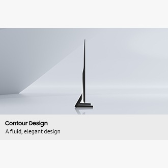Side view of a Samsung OLED TV, highlighting the Contour Design with a fluid, elegant profile and a gently curved silhouette.