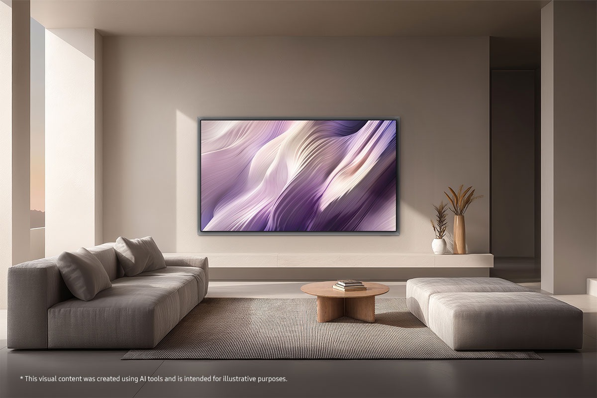 Samsung OLED TV mounted on a wall in a minimalist living room, displaying soft abstract visuals that blend seamlessly with the space.