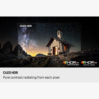 A small mountain chapel under a star-filled night sky, highlighted within an OLED HDR frame that emphasizes bright lights, deep blacks, and fine detail. HDR 10+ Advanced logo, HDR 10+ Adaptive/Gaming logo