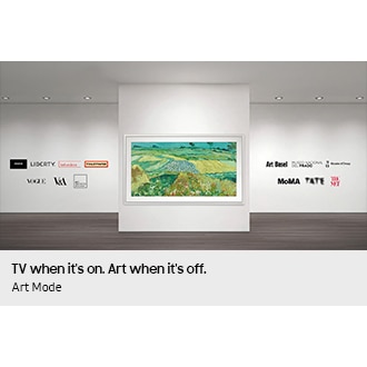 The Frame TV is mounted on a gallery-style wall, displaying an artwork. In the spaces logos of world-famous art institutions and brands appear, including Magnum Photos, Liberty, Belvedere, TOILETPAPER, Vogue, V&A, the Art Institute of Chicago, Art Basel, Museo Nacional del Prado, Musée d’Orsay, MoMA, Tate, The Met.