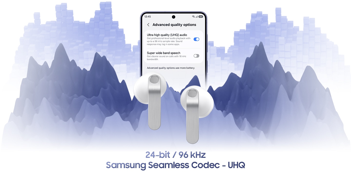Galaxy smartphone with the 'Advanced quality options' screen open. On the screen, 'Ultra high quality (UHQ) audio' is turned on and the 'Super wide band speech' is turned off. In front of the screen is a pair of white, Galaxy Buds4.