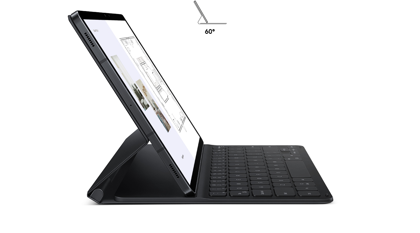 Galaxy Tab S7 seen in Book Cover Keyboard Slim, in profile from the side. The kickstand in back is out, holding the tablet up at a comfortable angle. An icon of the tablet inside the cover also demonstrates the 60-degree angle.