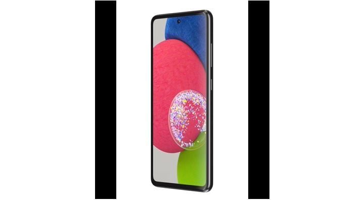 Galaxy A52s 5G u sjajnoj ljubičastoj boji gledano sprijeda sa šarenim pozadinama na ekranu. Polako se okreće, pokazujući zaslon, zatim glatku zaobljenu stranu telefona sa ladicom za SIM.