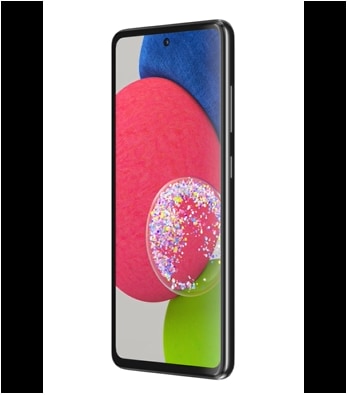 Galaxy A52s 5G u Awesome Mint viđenom sprijeda sa šarenim pozadinama na ekranu. Polako se okreće, pokazujući zaslon, zatim glatku zaobljenu stranu telefona sa ladicom za SIM