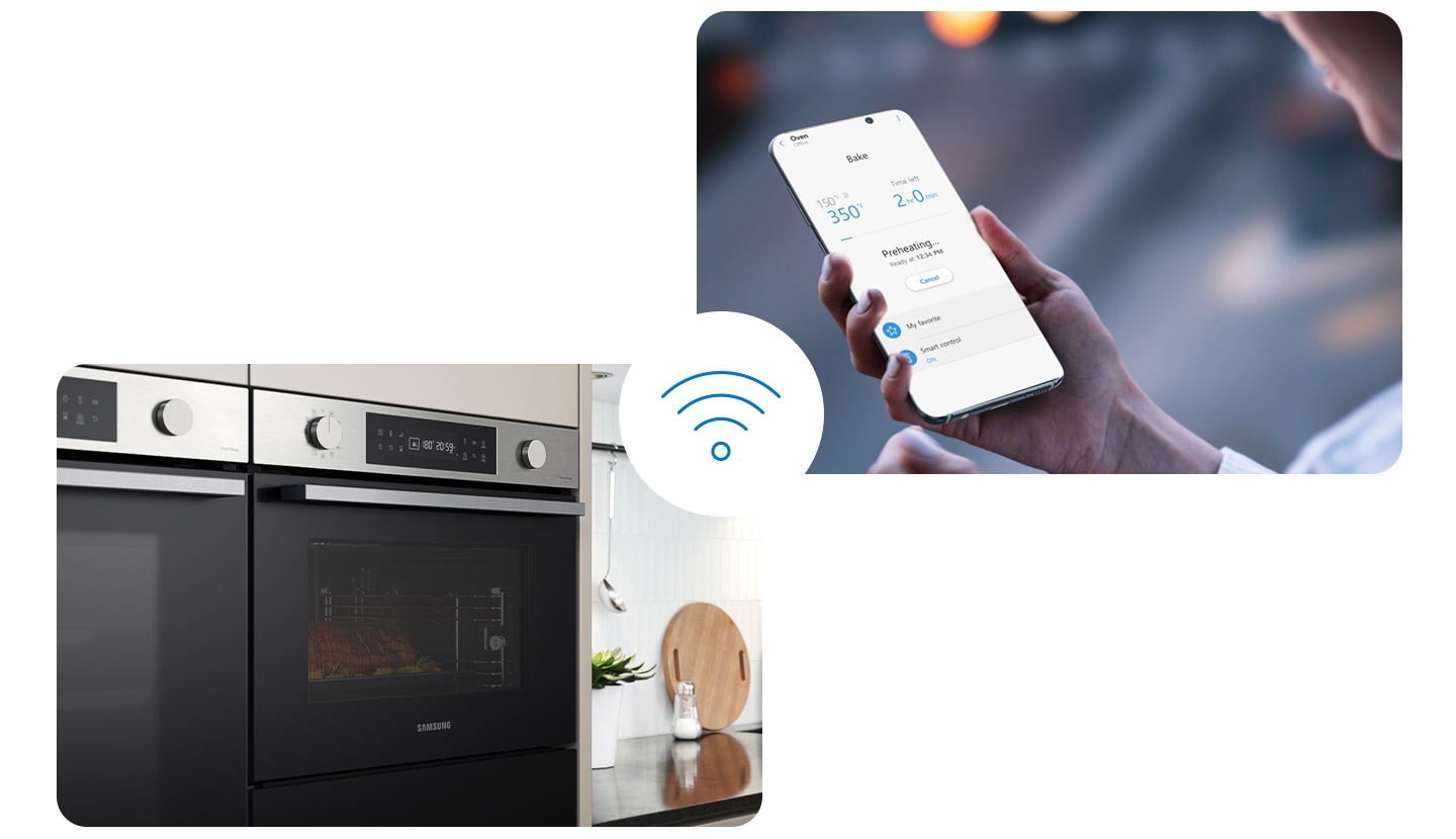 Prikazuje osebo, ki uporablja aplikacijo za pametni telefon SmartThings za preverjanje in nadzor nastavitev pečice, vključno s temperaturo pečice in preostalim časom kuhanja, s svojo Wi-Fi povezljivostjo.