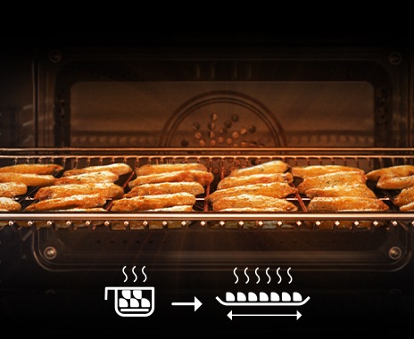 Prikazuje hrano v pečici, ki se peče le z majhno količino olja z uporabo Air Fry.
