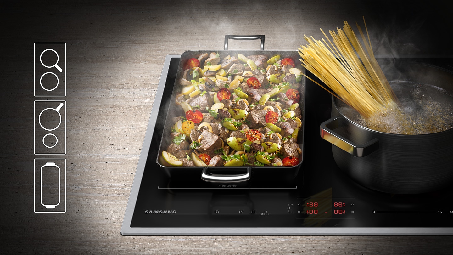 Beef stir-fry is grilling on a large rectangular grill pan at the Flex Zone. On the right side of flex Zone, spaghetti in a pot is boiling. Icon shows the Flex Zone can be used in three ways. First is Two medium sized cookware. Second is one big sized cookware and one small sized cookware. Third is one large rectangle-shaped cookware.