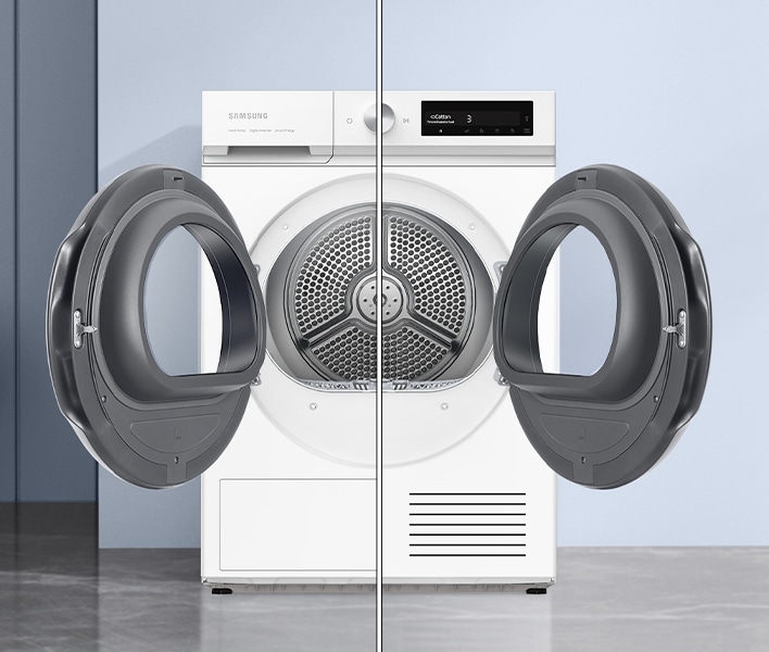 The dryer with doors opened to both sides shows the reversible feature at a glance.