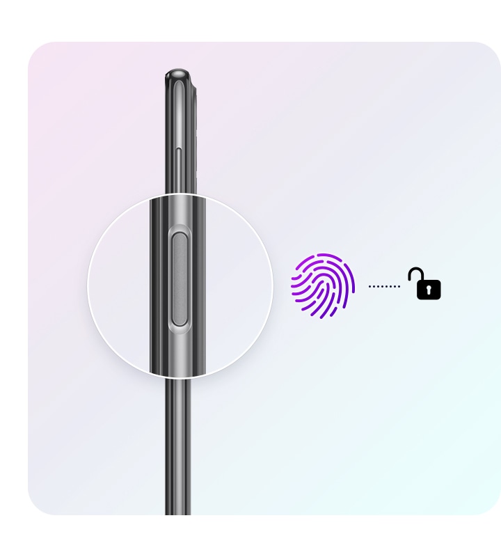 Prikazan je bočni profil Galaxy A23 5G, sa senzorom otiska prsta uvećanim i uvećanim. Odmah do senzora prikazane su ikona otiska prsta i ikona za otključavanje s kratkom točkastom linijom između njih.